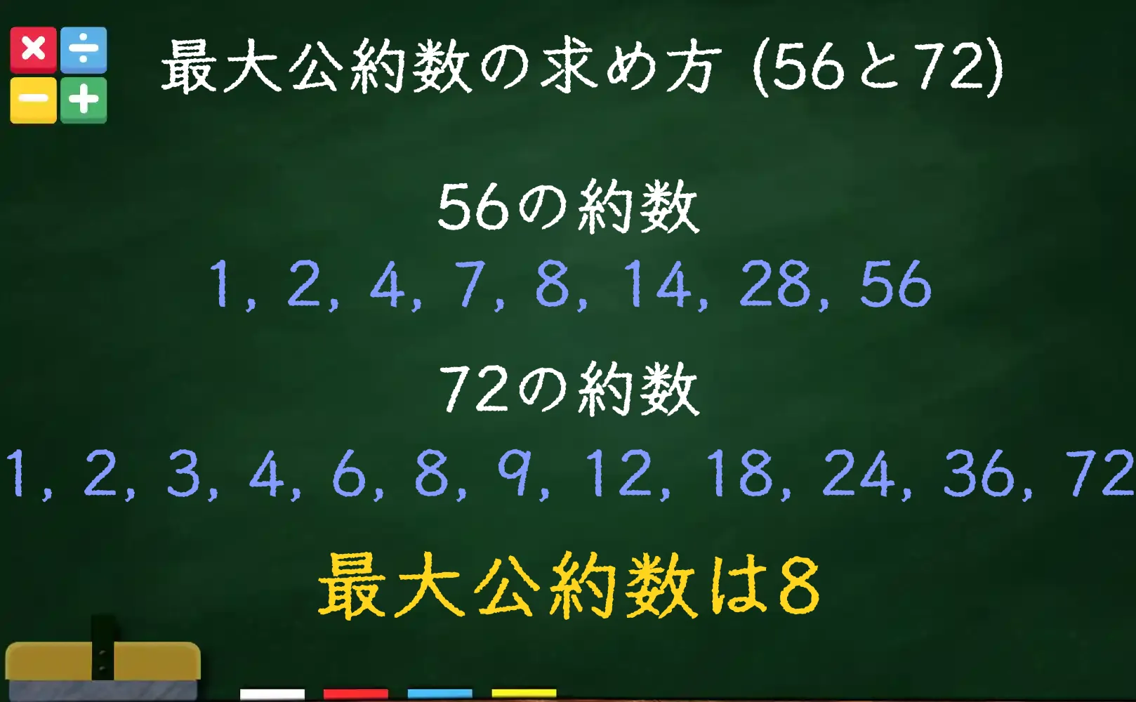56と72の最大公約数である8の求め方