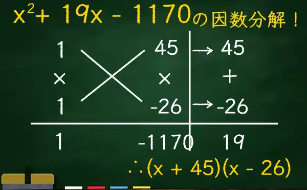 (x + 45)(x - 26)の因数分解をたすきがけで解く方法