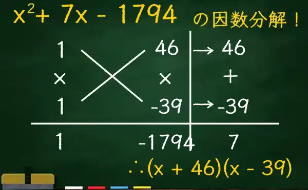 (x + 46)(x - 39)の因数分解をたすきがけで解く方法