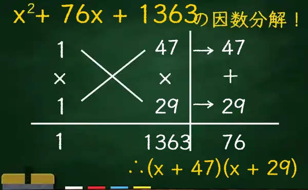 (x + 47)(x + 29)の因数分解をたすきがけで解く方法