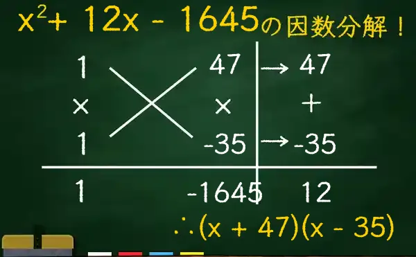 (x + 47)(x - 35)の因数分解をたすきがけで解く方法