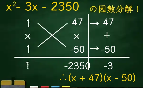 (x + 47)(x - 50)の因数分解をたすきがけで解く方法