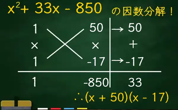 (x + 50)(x - 17)の因数分解をたすきがけで解く方法