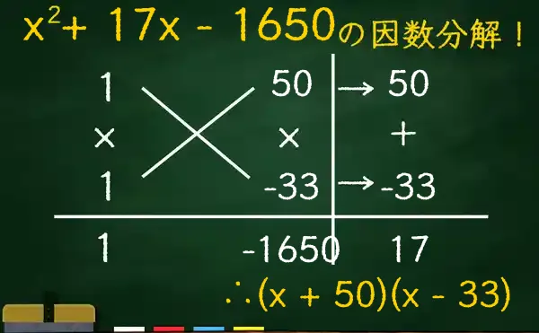 (x + 50)(x - 33)の因数分解をたすきがけで解く方法