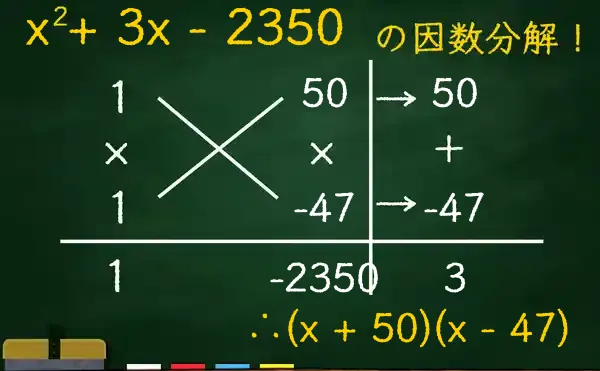 (x + 50)(x - 47)の因数分解をたすきがけで解く方法
